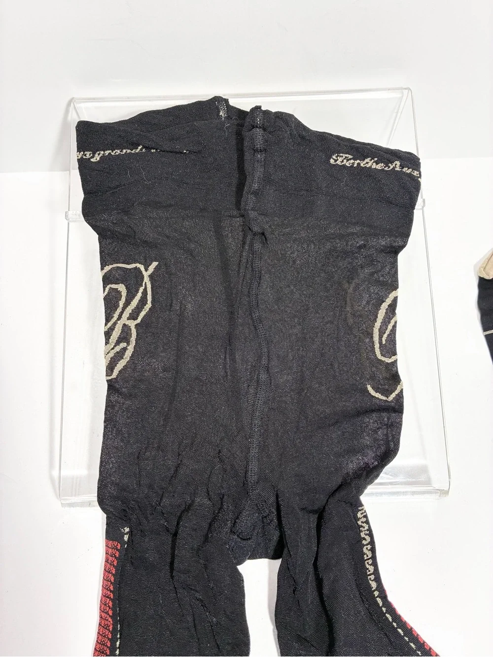 Berthe France Sheer Patterned Designer Tights Black Red Size 3/4 (M/L)